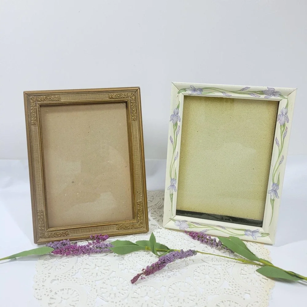 Set of vintage wood ornate picture photo frames 6x8 gold tone cream swan art